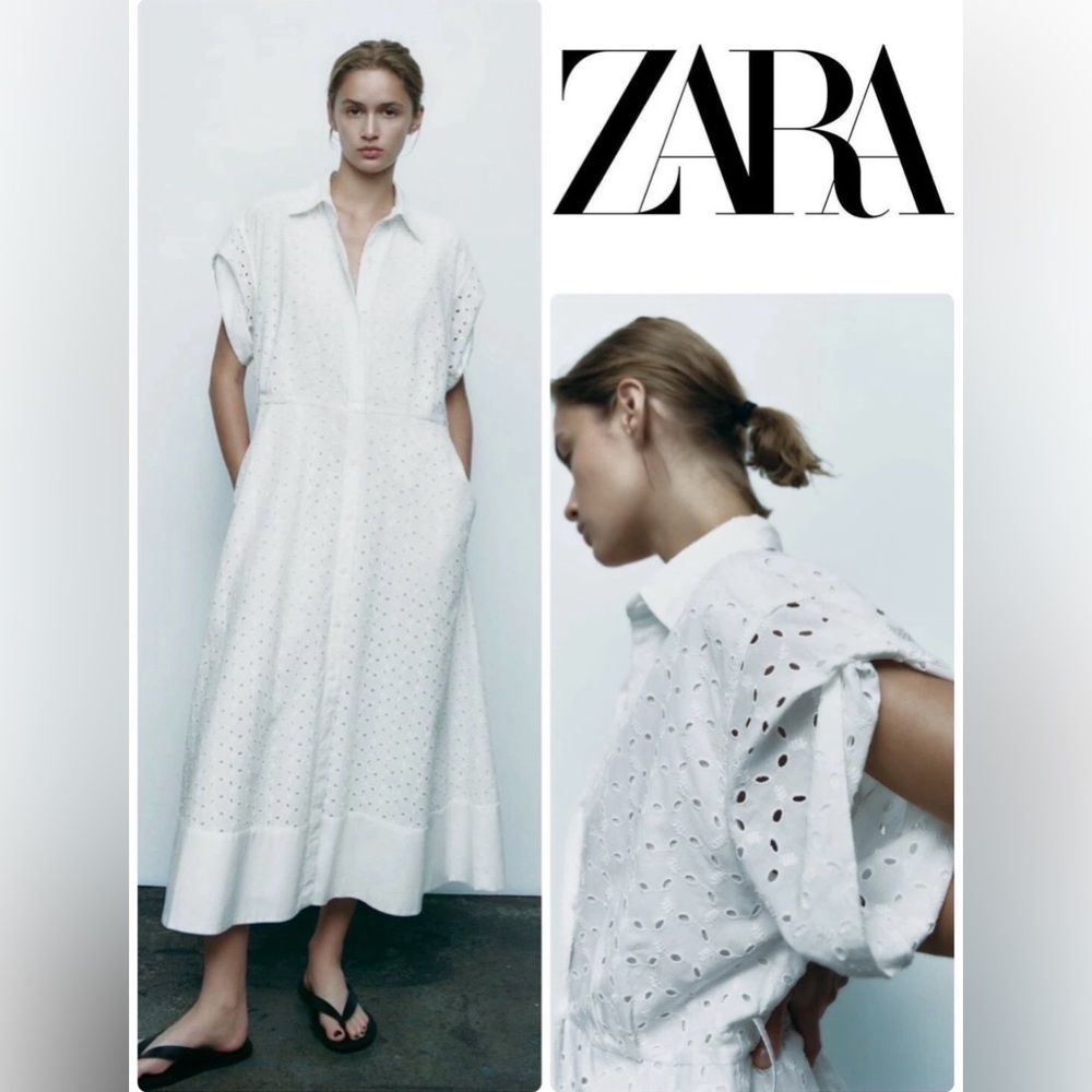 ZARA EMBROIDERED Eyelet MIDI Shirt DRESS BELTED WHITE SZ S 100% Cotton 7761/052